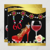 赤い靴、ワイン & ジュエリー 60歳の誕生日 招待状 (正面/裏面)