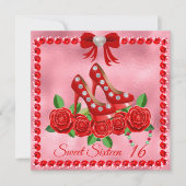 赤い靴、宝石およびバラ花Sweet sixteen 招待状 (正面)