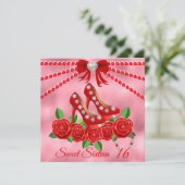 赤い靴、宝石およびバラ花Sweet sixteen 招待状 (スタンド正面)