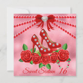 赤い靴、宝石およびバラ花Sweet sixteen 招待状 (正面)