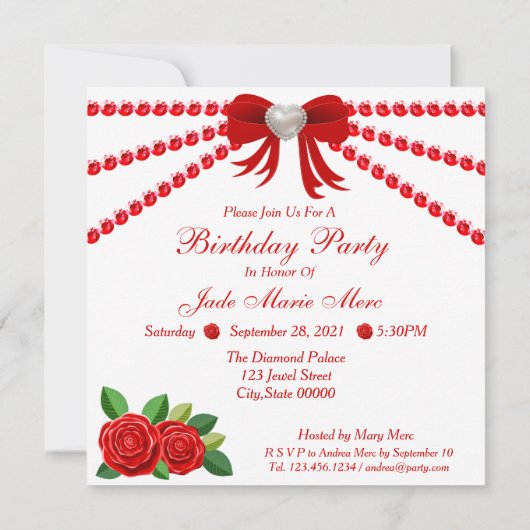 赤い靴、宝石とバラの花18誕生日 招待状 (裏面)