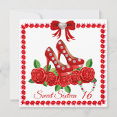 赤い靴、宝石、そしてローズフラワーのスイートシックスティーン 招待状 (正面)