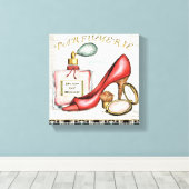赤い靴、香水のボトル、赤面粉 キャンバスプリント (インサイチュ (ウッドフロア))