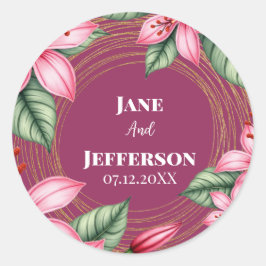 赤い頬のピンクの花 ラウンドシール