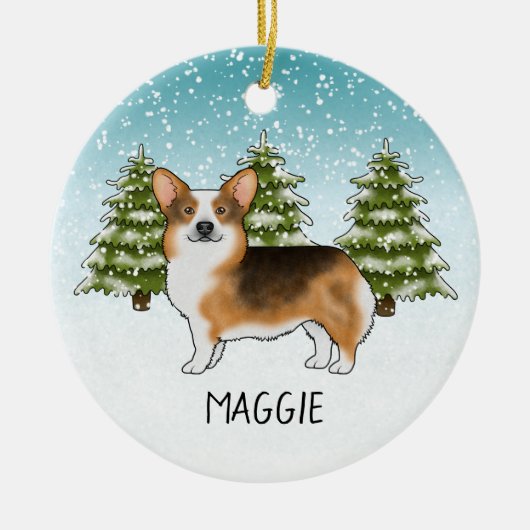 赤い頭のトライペンブロークコーギ冬のクリスマス セラミックオーナメント (正面)