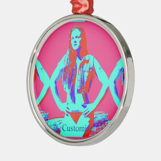 赤い頭のビキニの女の子サンダー_コーブ メタルオーナメント (左)