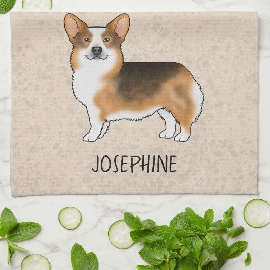 赤い頭の三色のペムブレークウェルシュコーギーと文字 キッチンタオル (折り畳み)