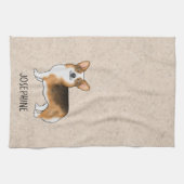 赤い頭の三色のペムブレークウェルシュコーギーと文字 キッチンタオル (横)