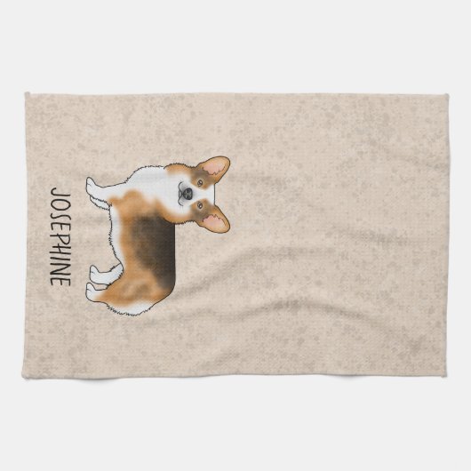 赤い頭の三色のペムブレークウェルシュコーギーと文字 キッチンタオル (横)