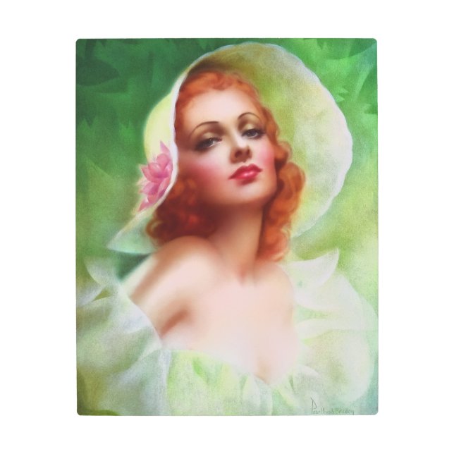 赤い頭の女性はパールフラッシュブルドン メタルプリント (正面)