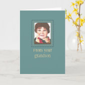 赤い頭の男の子にティール（緑がかった色）おばあちゃんの誕生日カード カード (黄色い花)