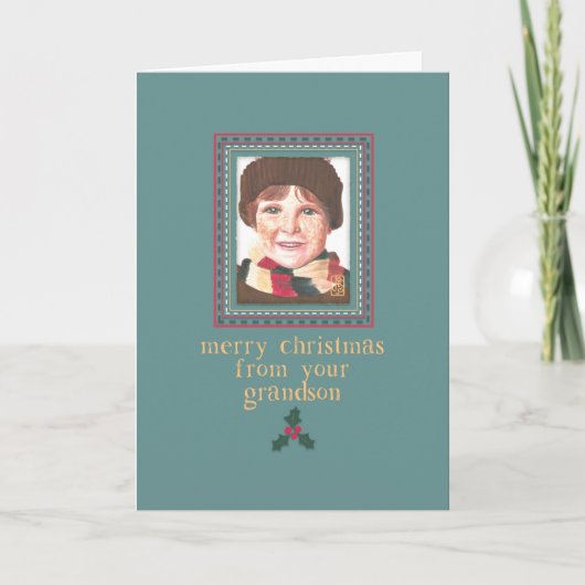 赤い頭の男の子のおじいちゃんのクリスマスカード カード (正面)