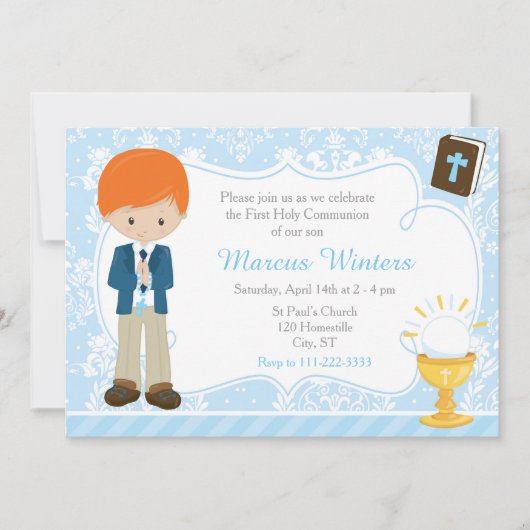赤い頭の男の子ファースト・コミュニオンダマスク 招待状 (正面)