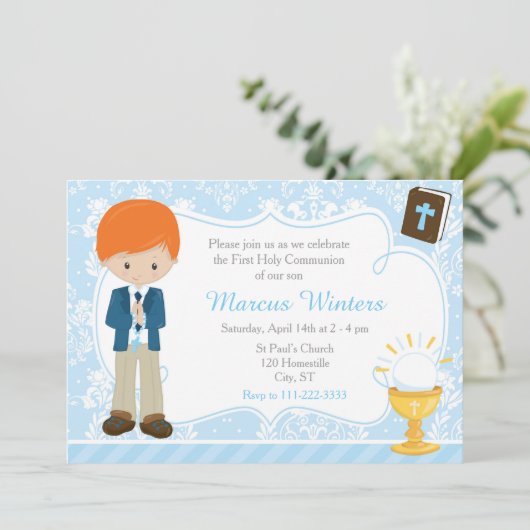 赤い頭の男の子ファースト・コミュニオンダマスク 招待状 (スタンド正面)