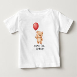 赤い風船とパーティー帽のクマ かわいい赤ちゃん ベビーTシャツ