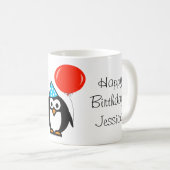 赤い風船と名前入りペンギンの誕生日マグカップ コーヒーマグカップ (正面右)