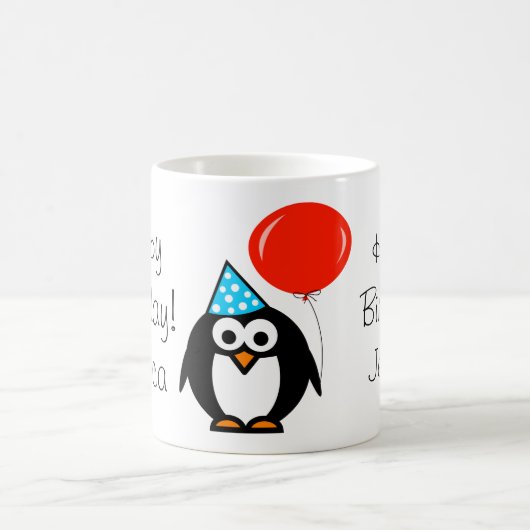 赤い風船と名前入りペンギンの誕生日マグカップ コーヒーマグカップ (中央)
