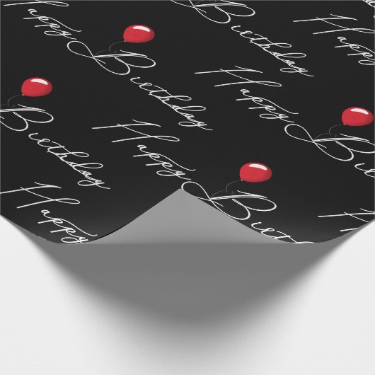 赤い風船のハッピーバースデー , 黒背景に白のハッピーバースデーの筆記体と赤いパーティ風船。
背景色 ラッピングペーパー (角)