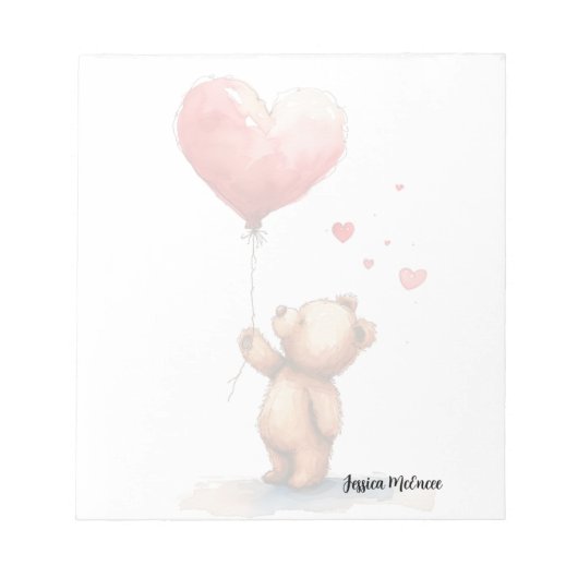 赤い風船を持ったかわいいテディベア ノートパッド (正面)