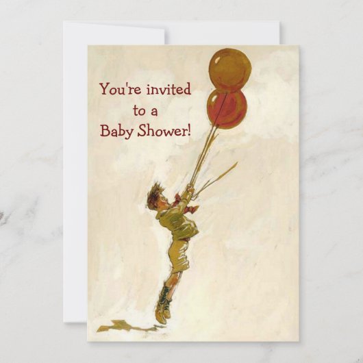 赤い風船を持つヴィンテージ男の子,子供の赤ちゃんシャワー 招待状 (正面)