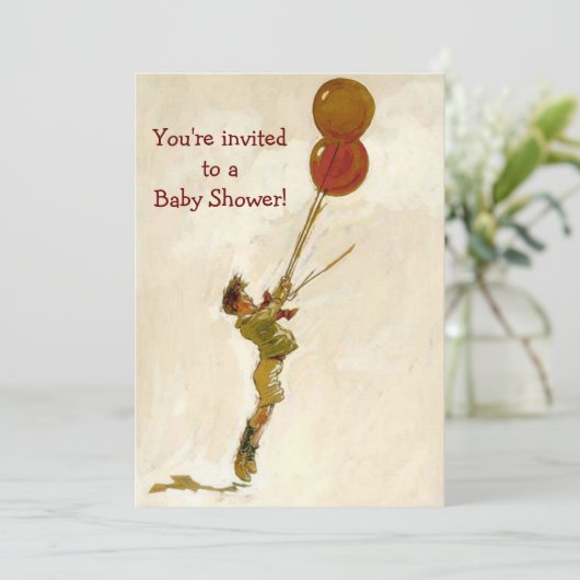 赤い風船を持つヴィンテージ男の子,子供の赤ちゃんシャワー 招待状 (スタンド正面)