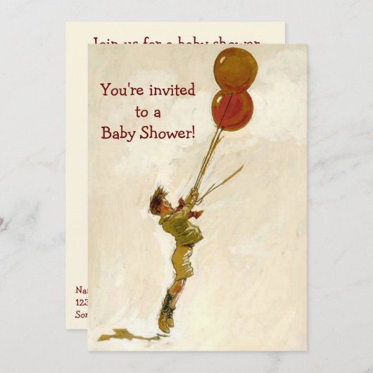 赤い風船を持つヴィンテージ男の子，子供の赤ちゃんシャワー 招待状 (正面/裏面)