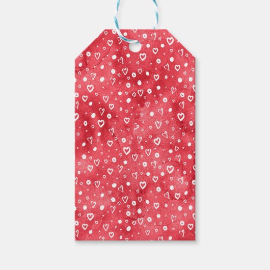 赤い飛沫の背景に白いハート ギフトタグ (正面)