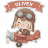赤い飛行機に乗った夢見る赤ちゃんの航空パイロット シール (正面)