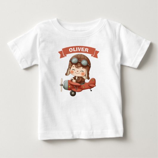 赤い飛行機に乗った夢見る赤ちゃんアビエーター ベビーTシャツ (正面)