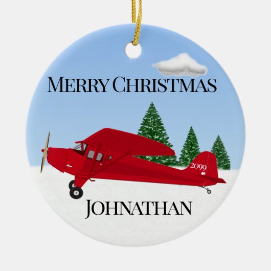 赤い飛行機のクリスマスオーナメント セラミックオーナメント (正面)