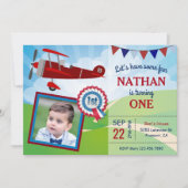 赤い飛行機の子供の写真付き1歳の誕生日パーティーの招待状 招待状 (正面)