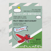 赤い飛行機の着陸の誕生日パーティー 招待状 (正面/裏面)