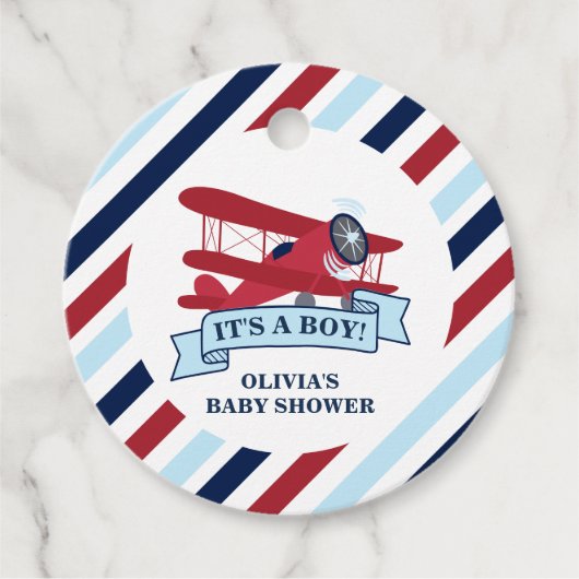 赤い飛行機の赤ちゃんシャワー フェイバータグ (正面)