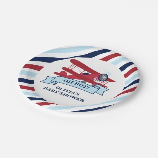 赤い飛行機の赤ちゃんシャワー ペーパープレート (アングル)