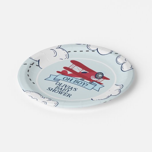 赤い飛行機の赤ちゃんシャワー ペーパープレート (アングル)