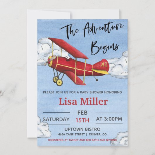 赤い飛行機アドベンチャーボーイ赤ちゃんシャワー 招待状 (正面)