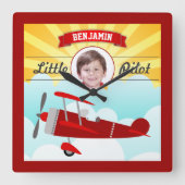 赤い飛行機リトルパイロット名フォトキッズルーム スクエア壁時計 (正面)