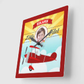 赤い飛行機リトルパイロット名フォトキッズルーム スクエア壁時計 (傾斜)