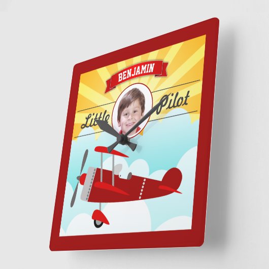 赤い飛行機リトルパイロット名フォトキッズルーム スクエア壁時計 (傾斜)