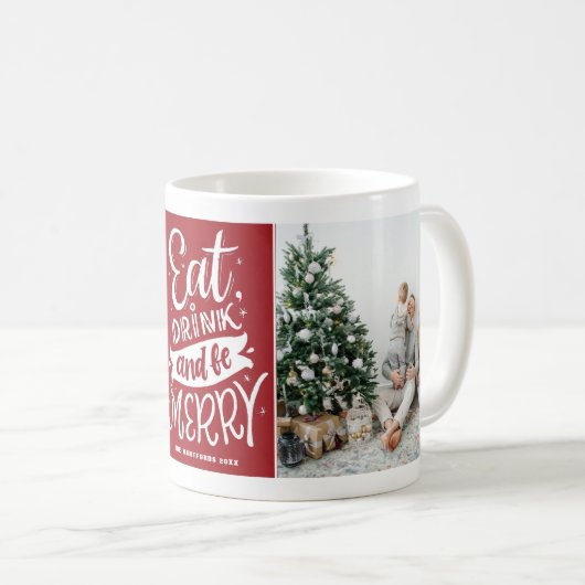 赤い食べドリンクと写真メリーコラージュのクリスマス コーヒーマグカップ (正面右)