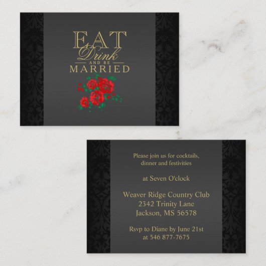 赤い食べ花飲み物&ビー結婚した-披露宴 エンクロージャーカード (正面/裏面)