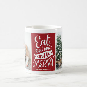 赤い飲み食べ物と写真のコラージュメリーのクリスマス コーヒーマグカップ