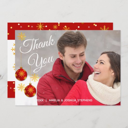 赤い飾りの写真のホリデー | 結婚式のお礼 サンキューカード (正面/裏面)