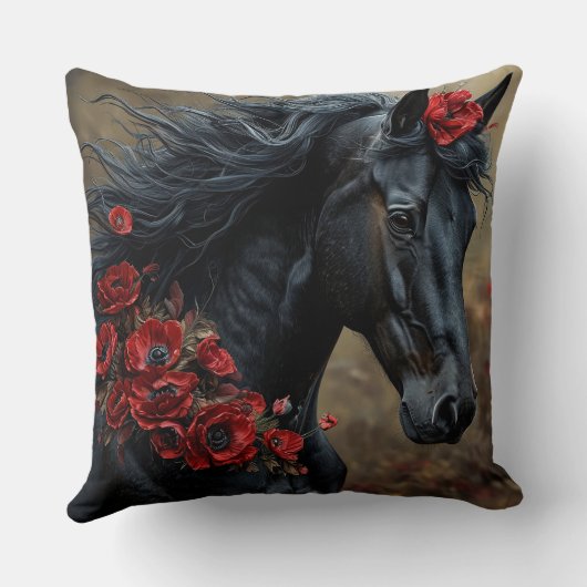 赤い飾花の鮮やか付いた黒馬 クッション (裏面)