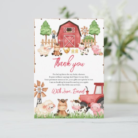 赤い養殖動物の赤ちゃんシャワー サンキューカード (スタンド正面)