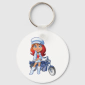 赤い髪とバイクを持つサッシーバイクもしくは自転車に乗る人ガール キーホルダー (正面)