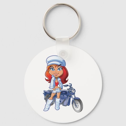 赤い髪とバイクを持つサッシーバイクもしくは自転車に乗る人ガール キーホルダー (正面)