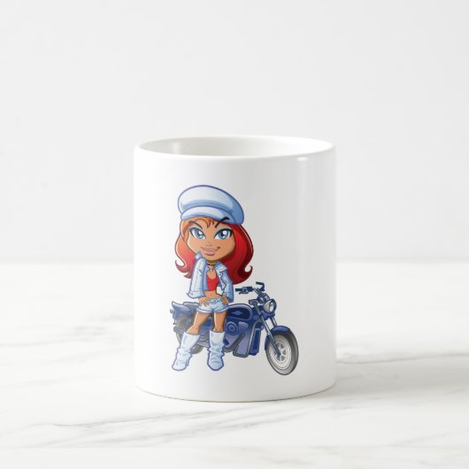 赤い髪とバイクを持つサッシーバイクもしくは自転車に乗る人ガール コーヒーマグカップ (中央)