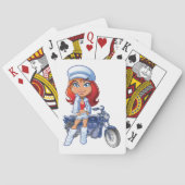 赤い髪とバイクを持つサッシーバイクもしくは自転車に乗る人ガール トランプ (裏面)