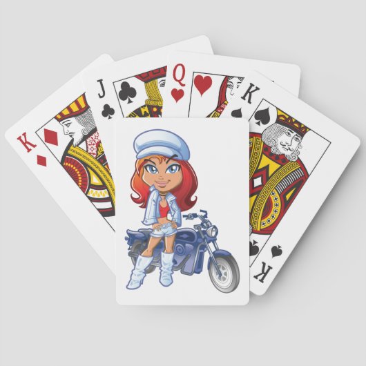 赤い髪とバイクを持つサッシーバイクもしくは自転車に乗る人ガール トランプ (裏面)